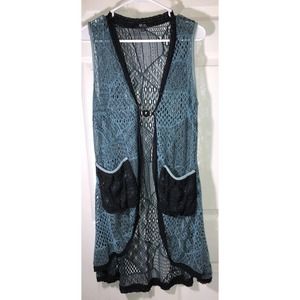 Lily by Firmiana Cardigan Sleeveless Open Draped Knit Pockets Green Black Sz L